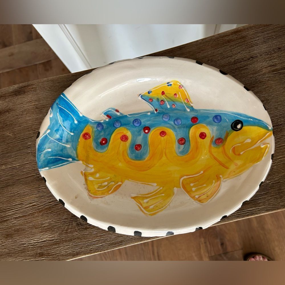 Elizabeth Carlton pottery dish fish hand painted 2010